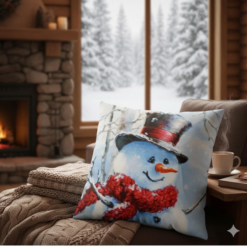 Snowman Smiley Face‎ Christmas Throw Pillow Cover 17 X 17 NEW